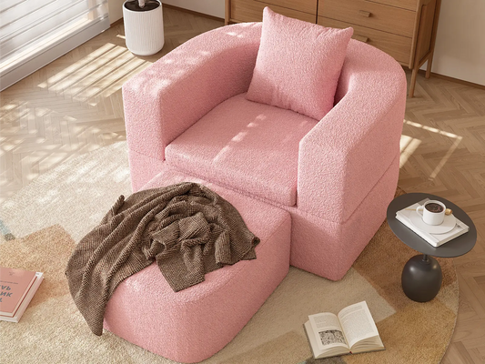 Essential 1-Seater Pink Small Space Single Sofa | Teddy Velvet Fabric, Includes Ottoman, Convertible Sleeper Design
