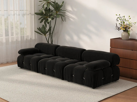 Sofá modular seccional Matrix de 3 plazas en color negro | 3 piezas, tela de terciopelo, diseño compacto