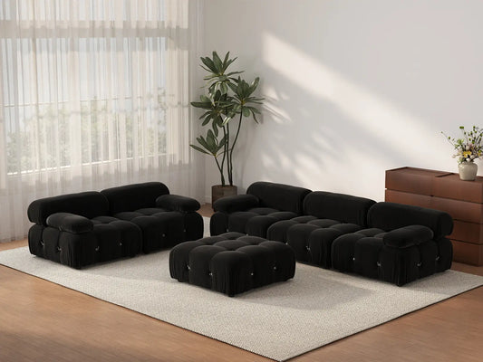 Éther Black 5-Seater Sofa Sets | 6-Piece (includes 1 ottoman), Velvet Fabric, Fixed Upholstery
