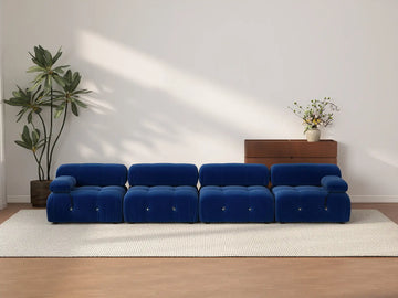 Éther Blue 4-Seater Couch Sectionals | 4-Piece, Velvet Fabric, Fixed Upholstery