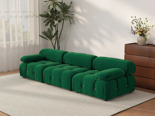 Éther Green 3-Seater Couch Sectionals | 3-Piece, Velvet Fabric, Fixed Upholstery