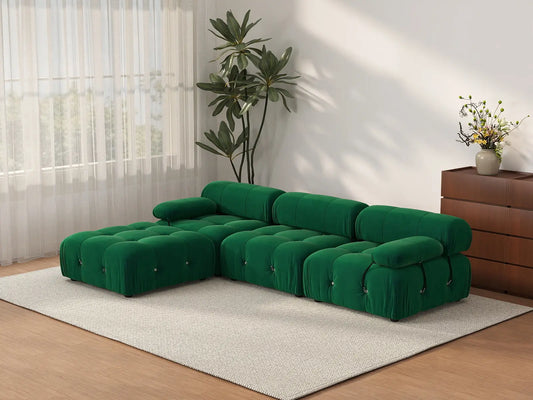Éther Green 3-Seater L-Shaped Sectionals | 4-Piece (includes 1 ottoman), Velvet Fabric, Fixed Upholstery