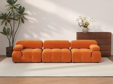 Éther Orange 3-Seater Couch Sectionals | 3-Piece, Velvet Fabric, Fixed Upholstery