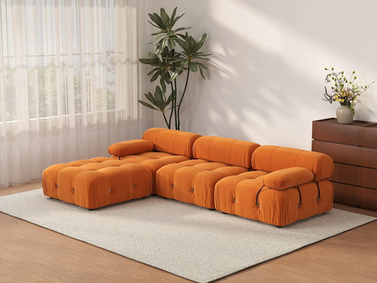 Éther Orange 3-Seater L-Shaped Sectionals | 4-Piece (includes 1 ottoman), Velvet Fabric, Fixed Upholstery