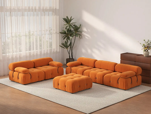 Éther Orange 5-Seater Sofa Sets | 6-Piece (includes 1 ottoman), Velvet Fabric, Fixed Upholstery