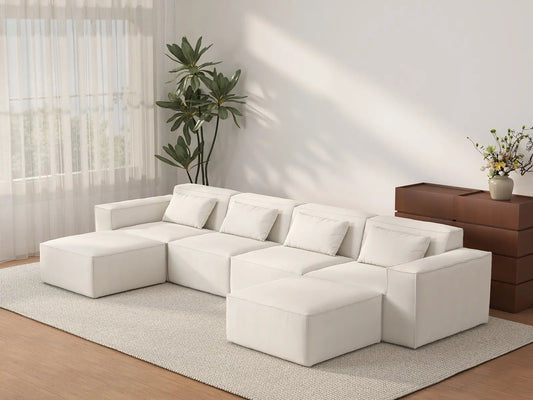 Forma Beige 4-Seater U-Shaped Sectionals | 6-Piece (includes 2 ottomans), Cloud Velvet Fabric, Fixed Upholstery