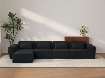 Black 4-Seater L-Shaped Sectional | 5-Piece (Includes 1 Ottoman), Cloud Velvet Fabric, Fixed Upholstery