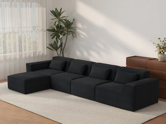 Forma Black 4-Seater L-Shaped Sectionals | 5-Piece (includes 1 ottoman), Cloud Velvet Fabric, Fixed Upholstery