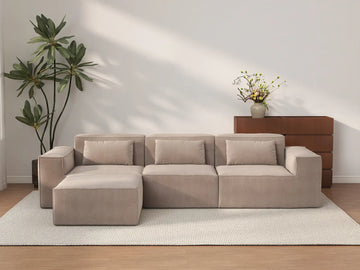 Sofá modular en forma de L Matrix de 3 plazas, color marrón | 4 piezas (incluye 1 otomana), tapizado en terciopelo Cloud, diseño espacioso.