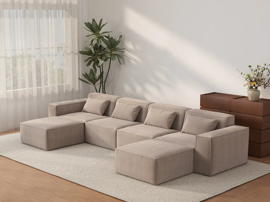 Forma Brown 4-Seater U-Shaped Sectionals | 6-Piece (includes 2 ottomans), Cloud Velvet Fabric, Fixed Upholstery