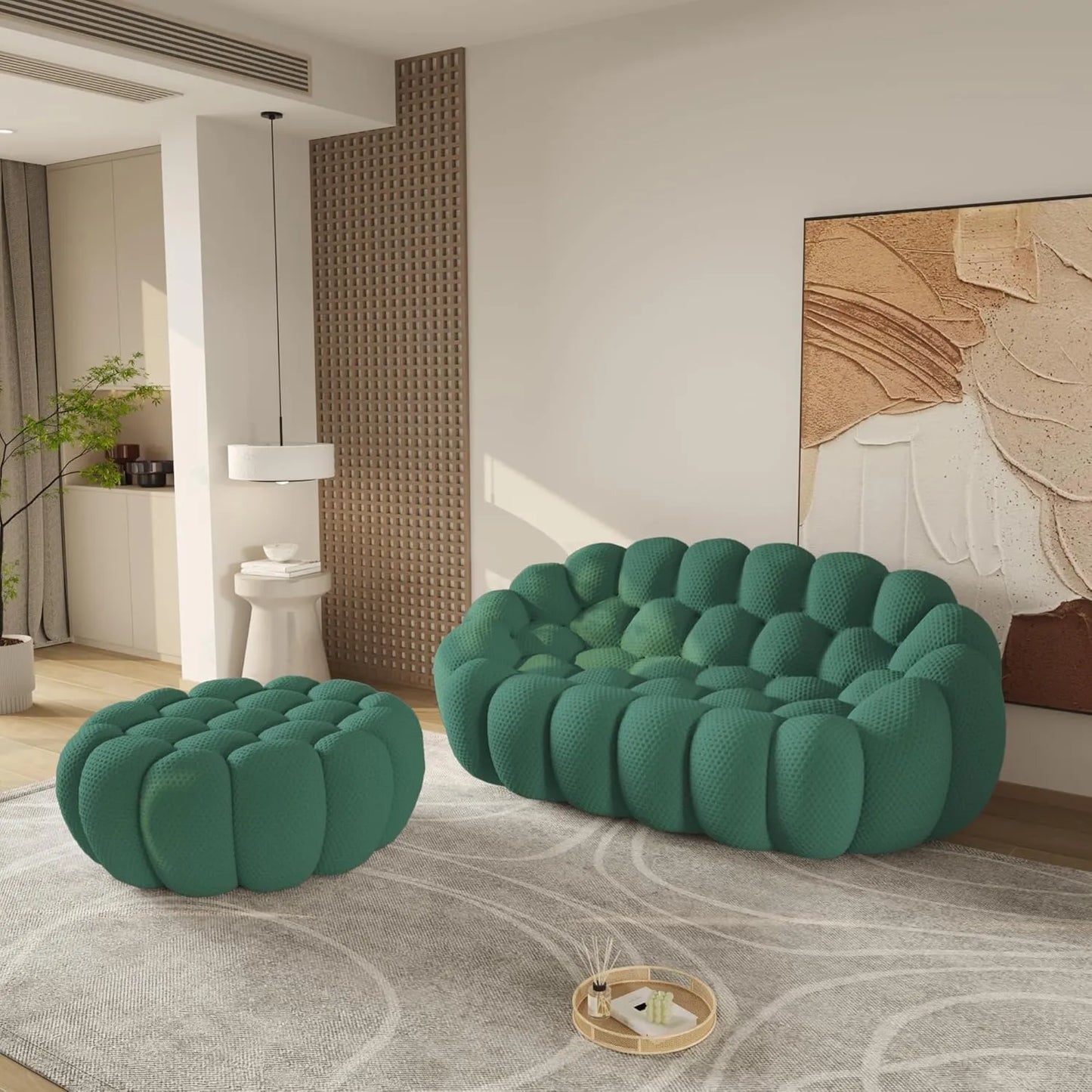 Essential Floor Sofas | Green 3D Knitted Fabric Loveseats 2-seaters with 1 Ottoman
