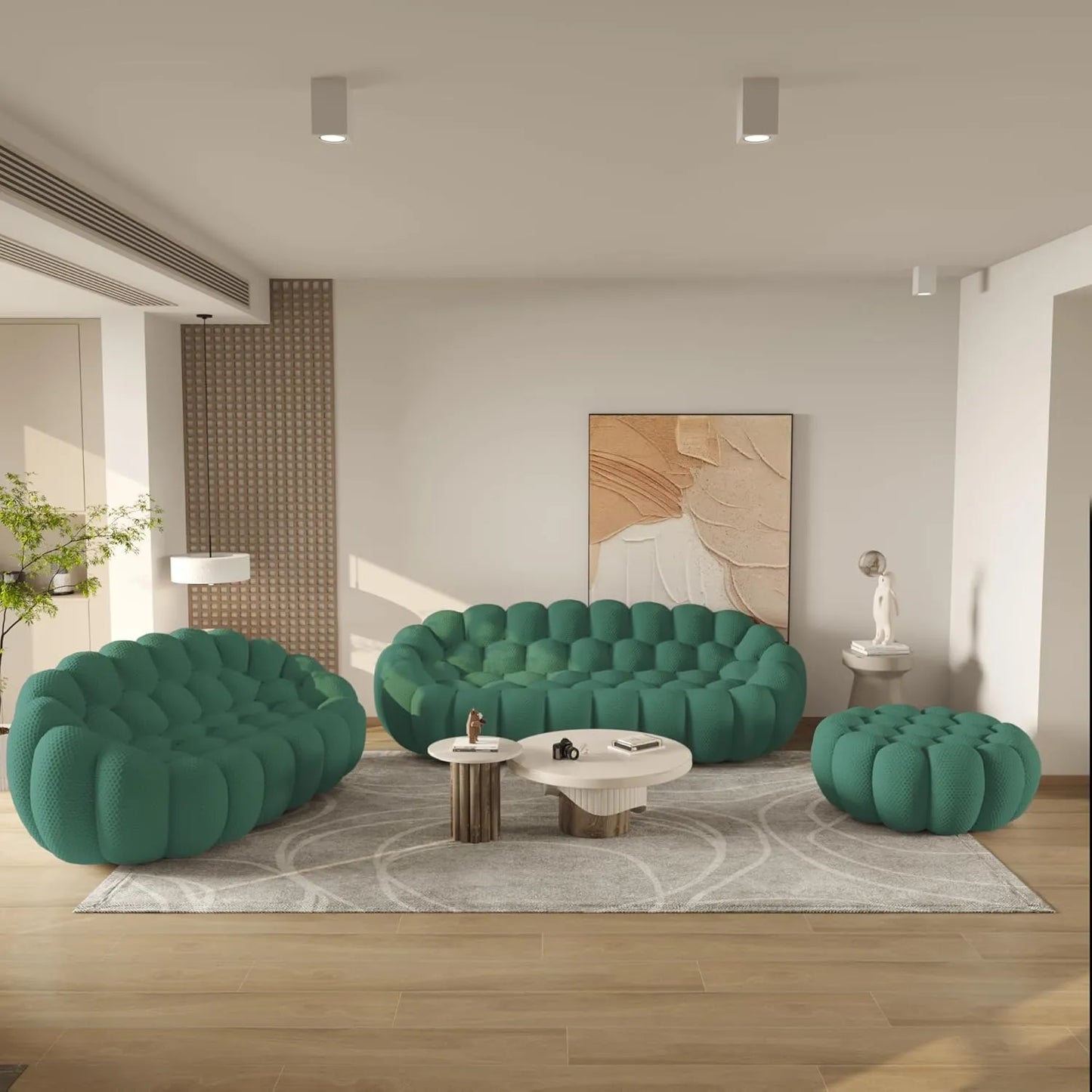 Essential Floor Sofas | Green 3D Knitted Fabric L shaped Sectionals 5-seaters with 1 Ottoman