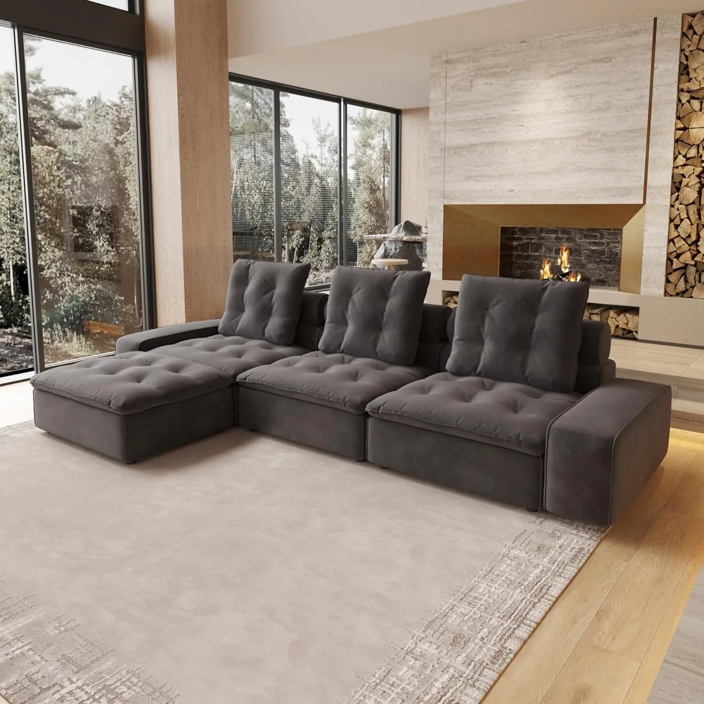 Deluxe Adjustable Cloud Sectional Sofas | Grey Frosted Velvet Couch Sectionals 3-seaters with 1 Ottoman