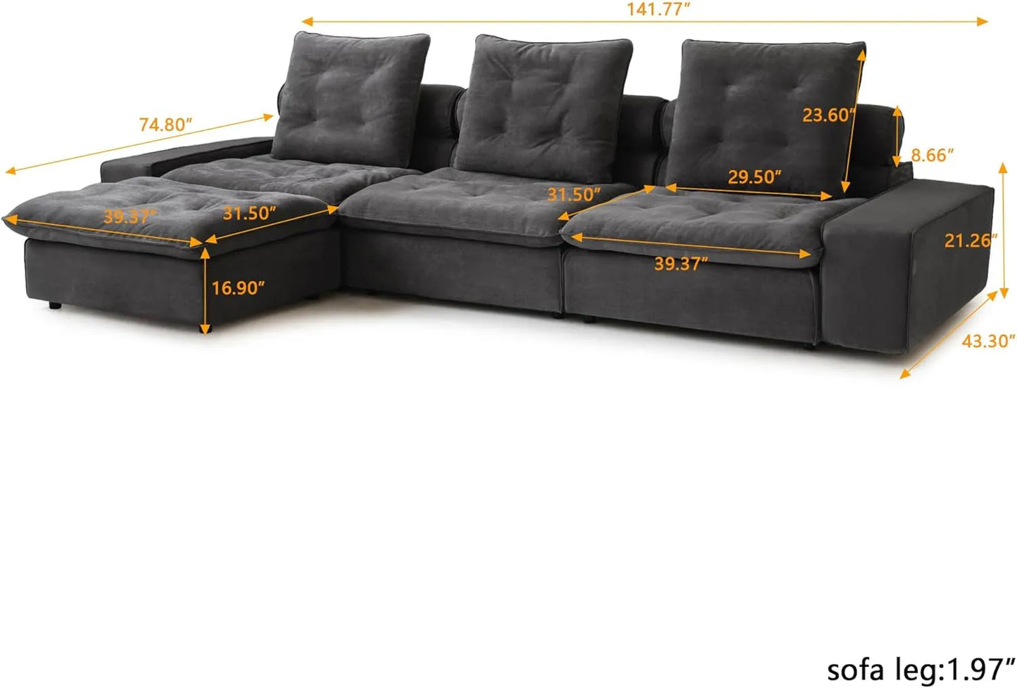 Deluxe Adjustable Cloud Sectional Sofas | Grey Frosted Velvet Couch Sectionals 3-seaters with 1 Ottoman