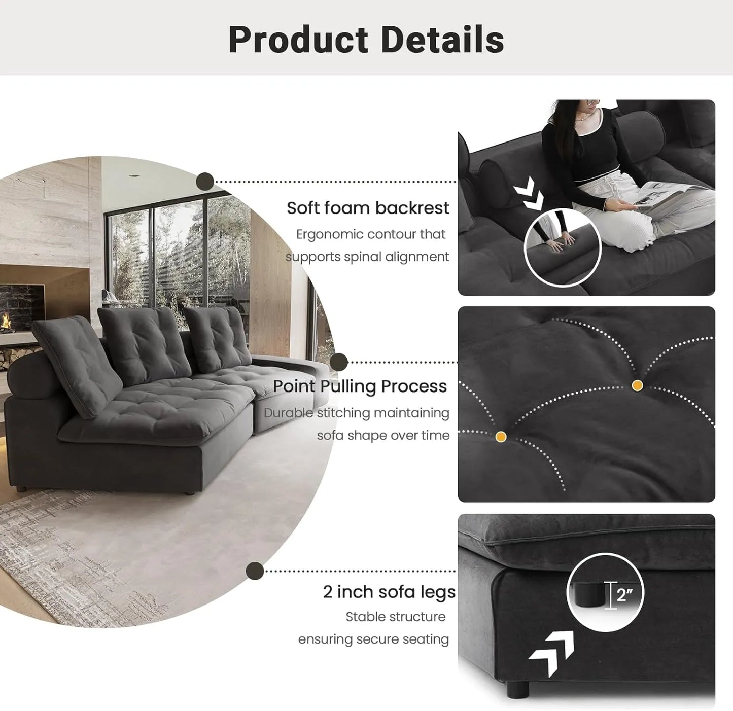 Deluxe Adjustable Cloud Sectional Sofas | Grey Frosted Velvet Couch Sectionals 3-seaters with 1 Ottoman