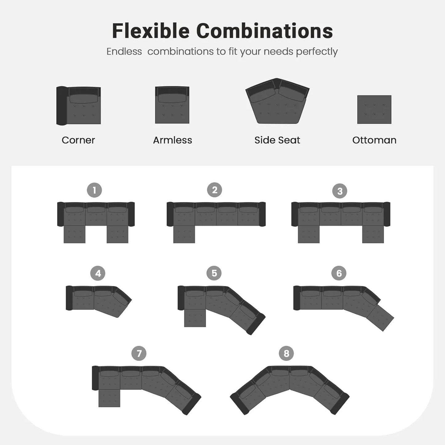 Deluxe Adjustable Cloud Sectional Sofas | Grey Frosted Velvet Couch Sectionals 3-seaters with 1 Ottoman