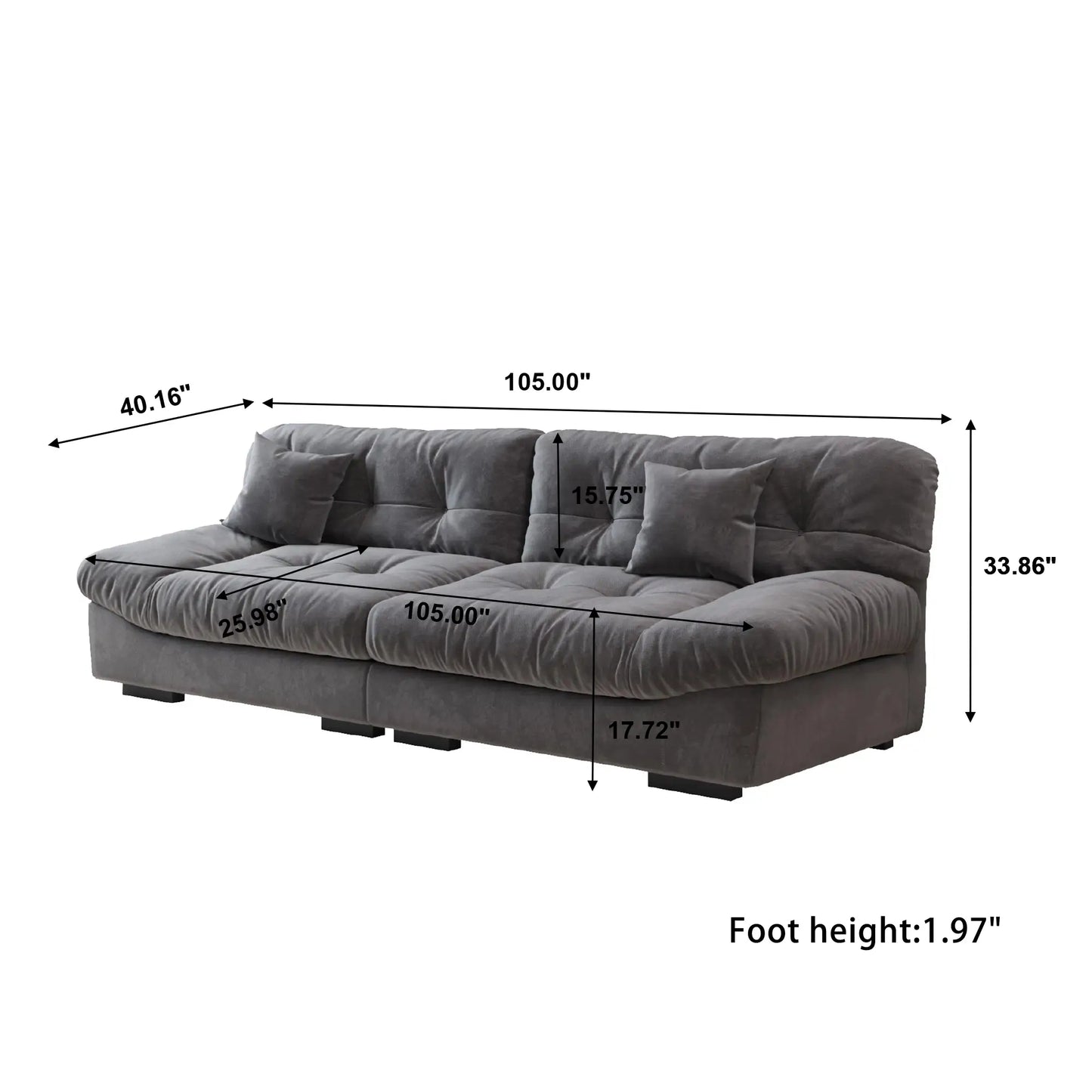 Essential Loveseat Lazy Sofas | Grey Frosted Velvet Loveseats 2-seaters 105"