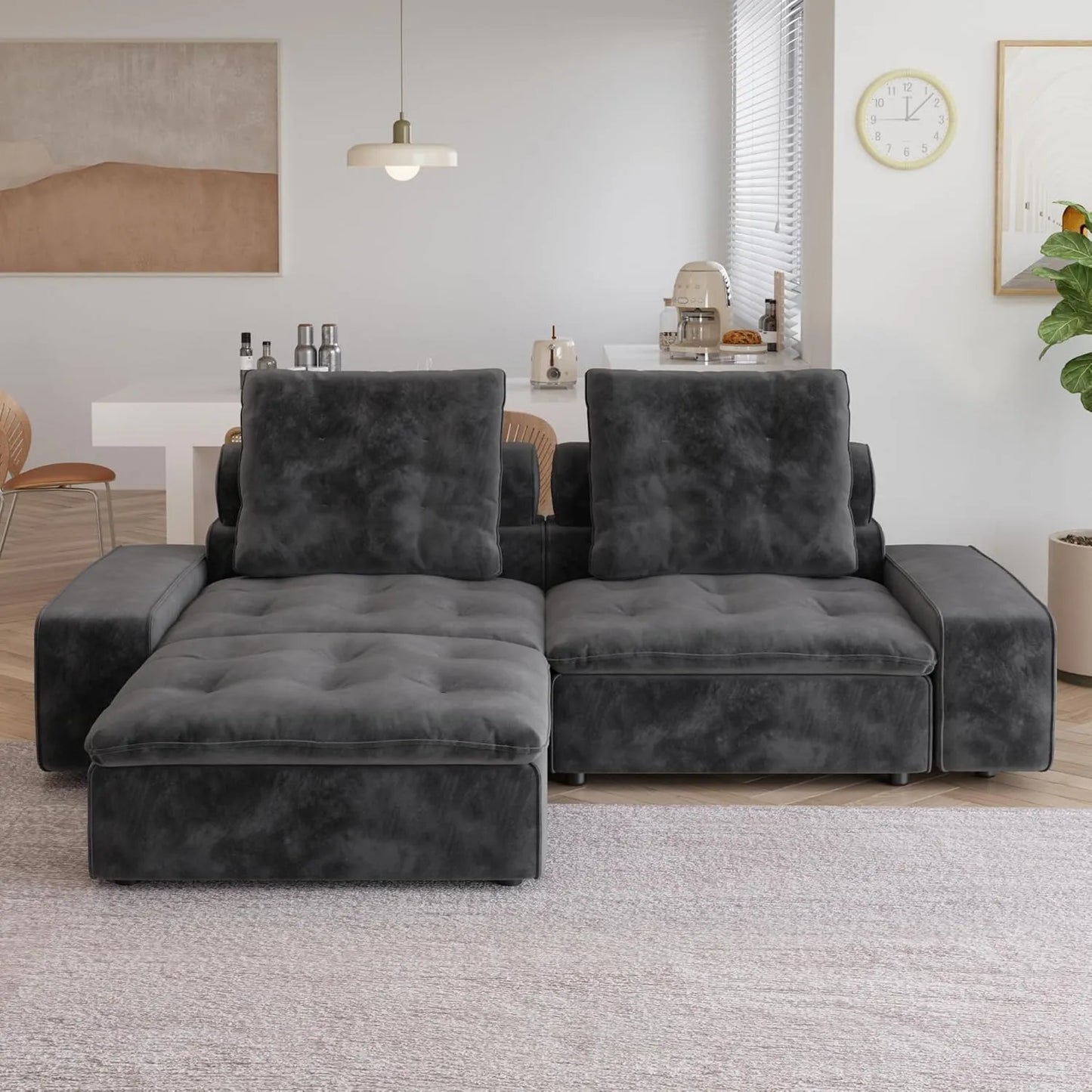 Deluxe Adjustable Cloud Sectional Sofas | Grey Frosted Velvet Loveseats 2-seaters with 1 Ottoman