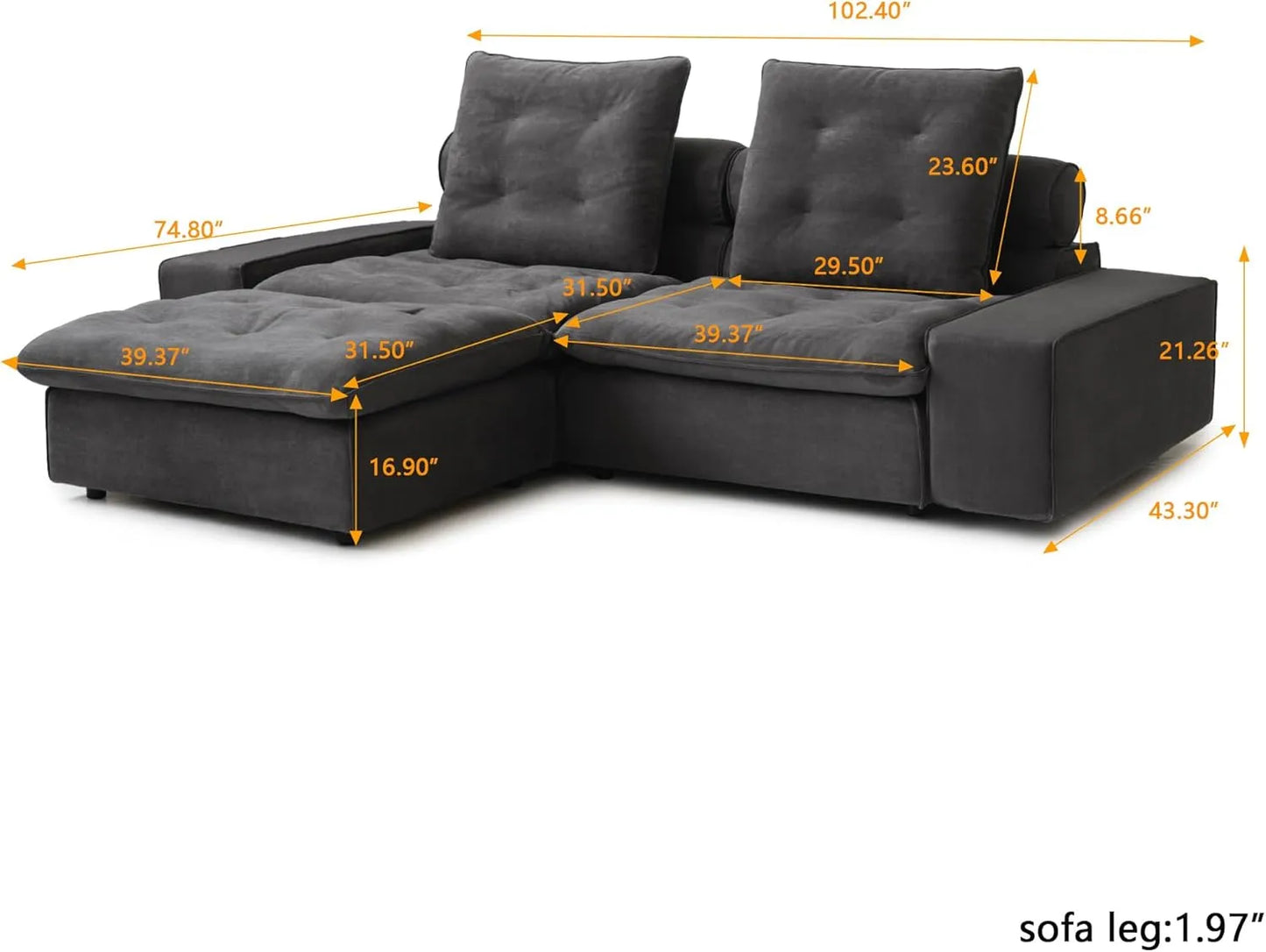 Deluxe Adjustable Cloud Sectional Sofas | Grey Frosted Velvet Loveseats 2-seaters with 1 Ottoman