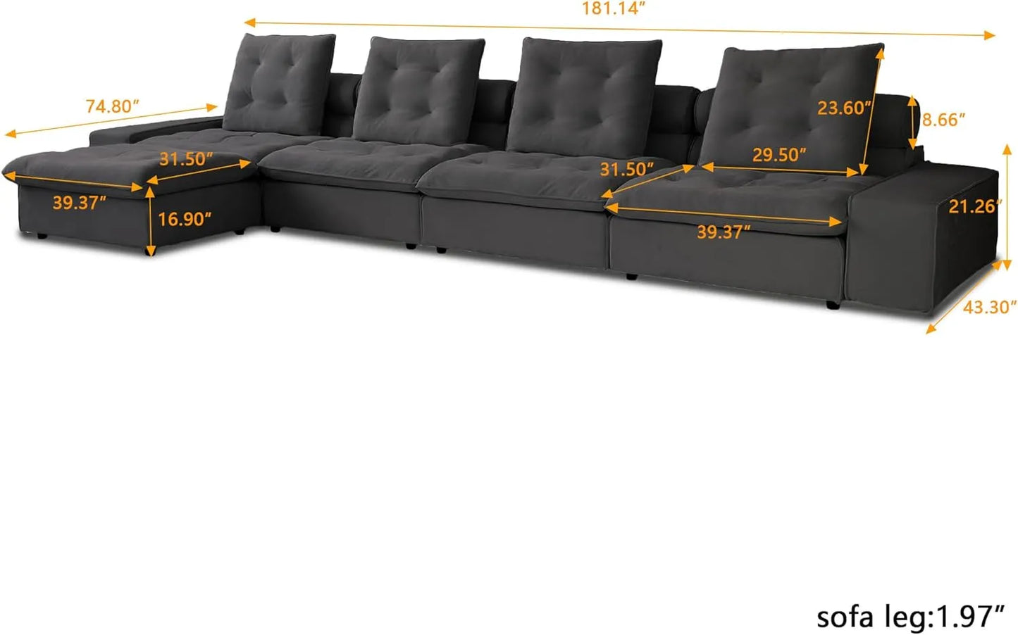 Deluxe Adjustable Cloud Sectional Sofas | Grey Frosted Velvet L shaped Sectionals 4-seaters with 1 Ottoman