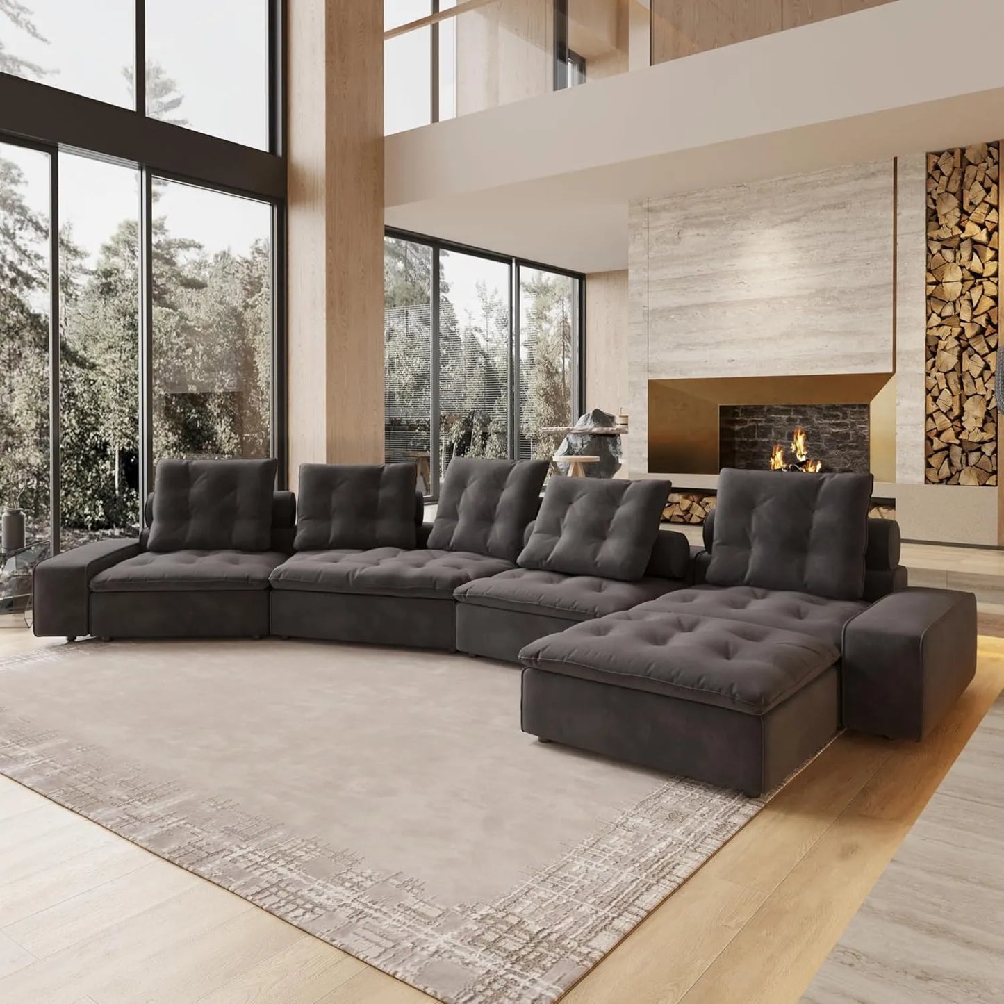 Deluxe Adjustable Cloud Sectional Sofas | Grey Frosted Velvet L shaped Sectionals 5-seaters with 1 Ottoman
