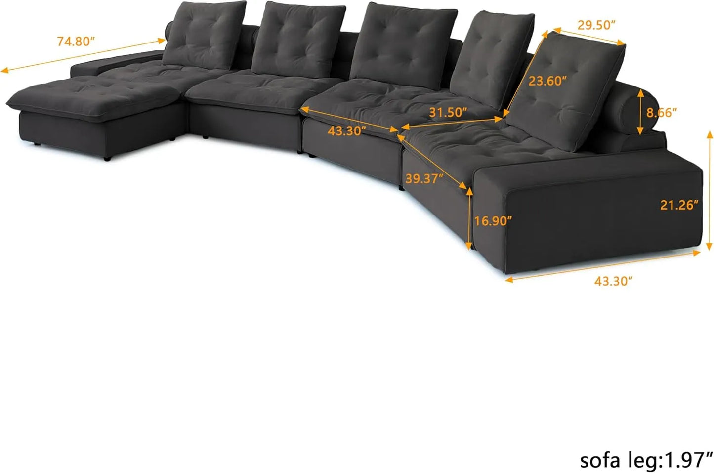 Deluxe Adjustable Cloud Sectional Sofas | Grey Frosted Velvet L shaped Sectionals 5-seaters with 1 Ottoman