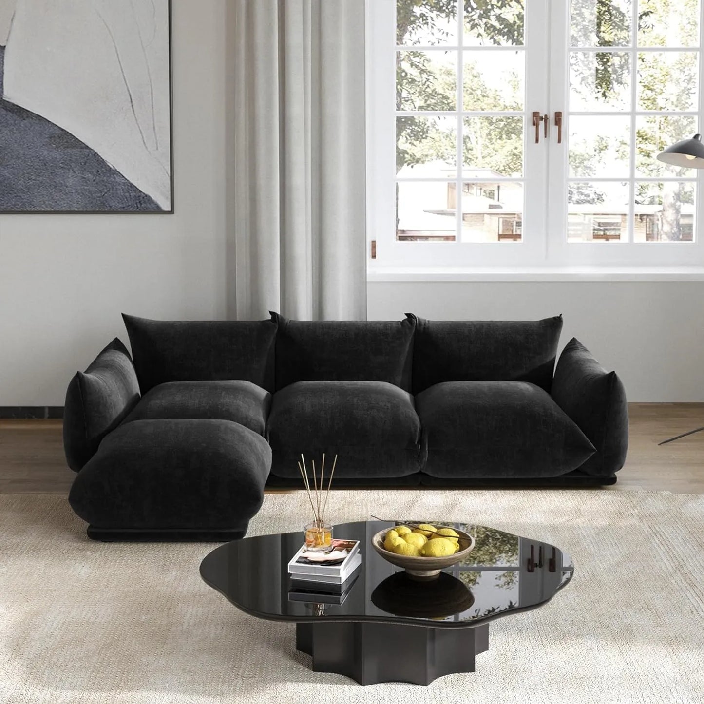 Matrix Modern Sectional Sofas | Black Chenille Couch Sectionals 3-seaters with 1 Ottoman