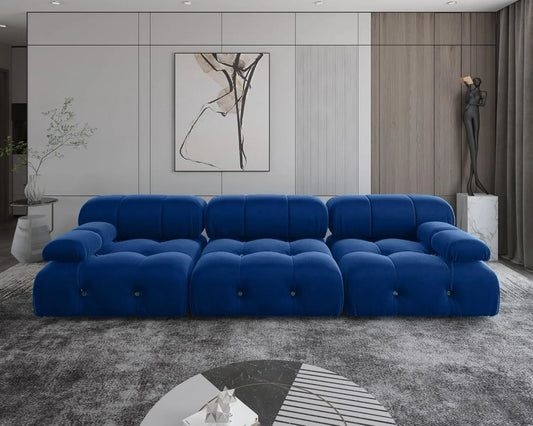 Sofás modulares minimalistas Matrix | Sofá seccional de 3 piezas de terciopelo azul.