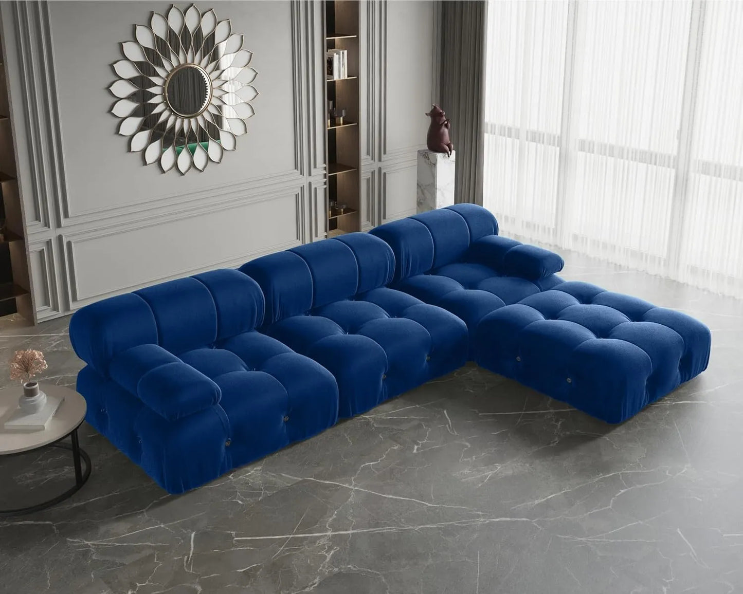 Matrix Minimalist Modular Sofas | Blue Velvet Couch Sectionals 3-seaters with 1 Ottoman