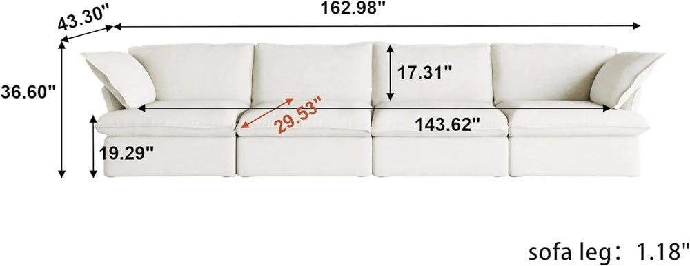 Deluxe Linen Cloud Sectional Sofas | 4-Piece White Cotton and Linen Couch Sectionals 4-seaters