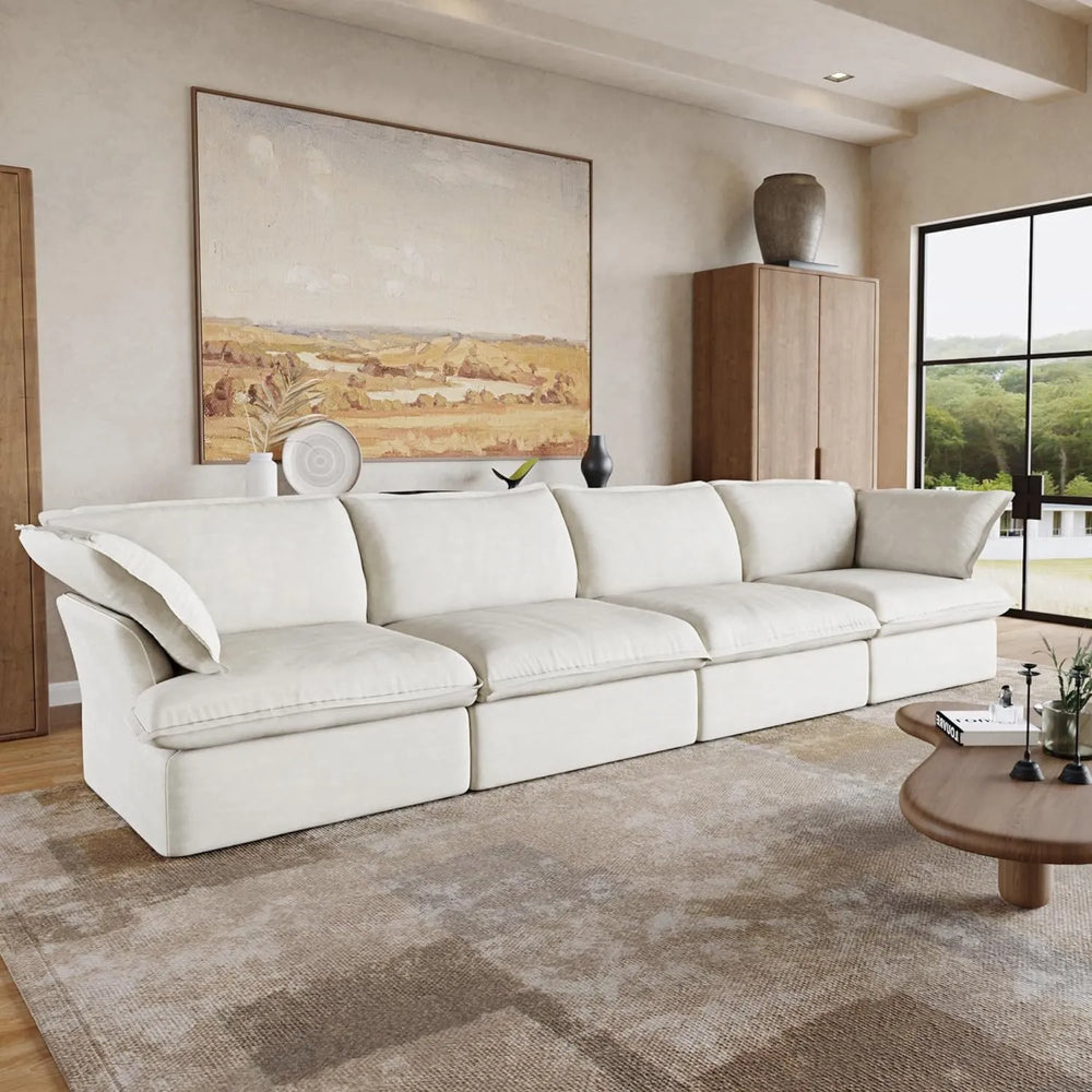 Deluxe Linen Cloud Sectional Sofas | 4-Piece White Cotton and Linen Couch Sectionals 4-seaters