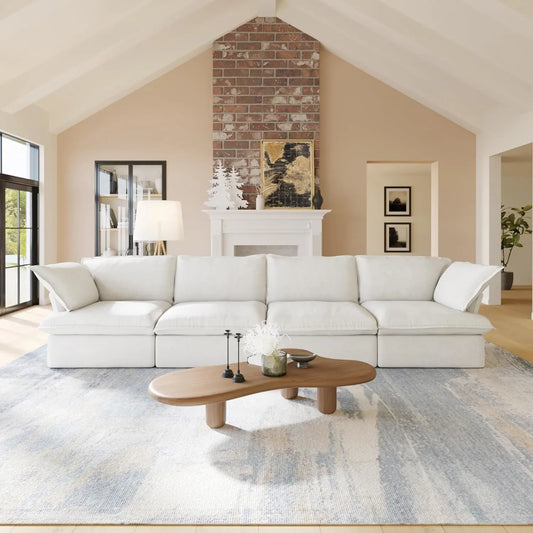 Deluxe Linen Cloud Sectional Sofas | 4-Piece White Cotton and Linen Couch Sectionals 4-seaters