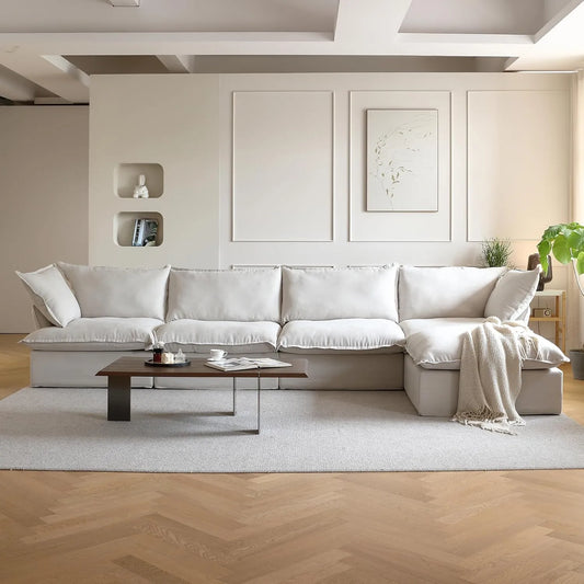 Deluxe Linen Cloud Sectional Sofas | 5-Piece Beige Cotton and Linen L Shaped Sectionals 4-seaters