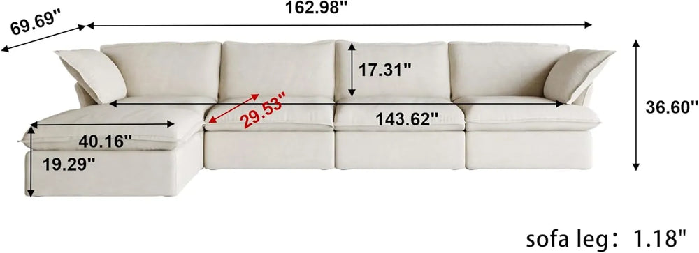 Deluxe Linen Cloud Sectional Sofas | 5-Piece Beige Cotton and Linen L Shaped Sectionals 4-seaters
