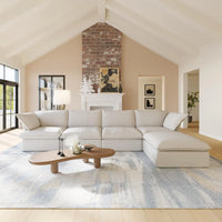 Deluxe Linen Cloud Sectional Sofas | 5-Piece Beige Cotton and Linen L Shaped Sectionals 4-seaters