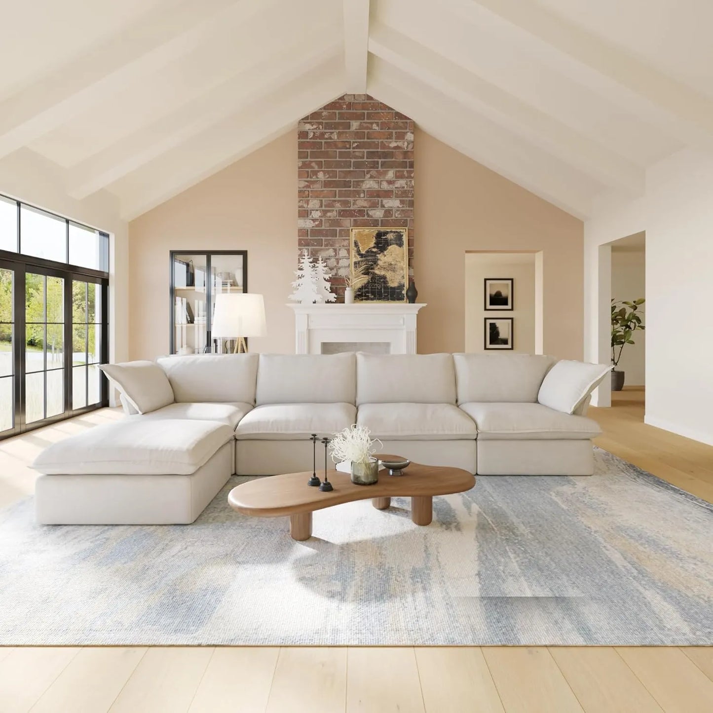 Deluxe Linen Cloud Sectional Sofas | 5-Piece Beige Cotton and Linen L Shaped Sectionals 4-seaters