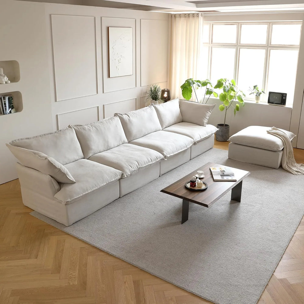 Deluxe Linen Cloud Sectional Sofas | 5-Piece Beige Cotton and Linen L Shaped Sectionals 4-seaters
