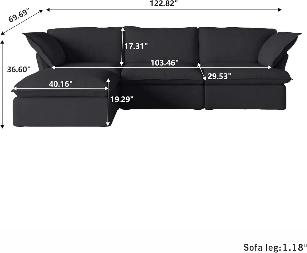 Deluxe Linen Cloud Sectional Sofas | 4-Piece Black Cotton and Linen L Shaped Sectionals 3-seaters