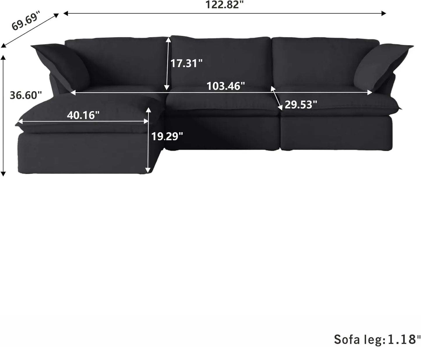 Deluxe Linen Cloud Sectional Sofas | 4-Piece Black Cotton and Linen L Shaped Sectionals 3-seaters