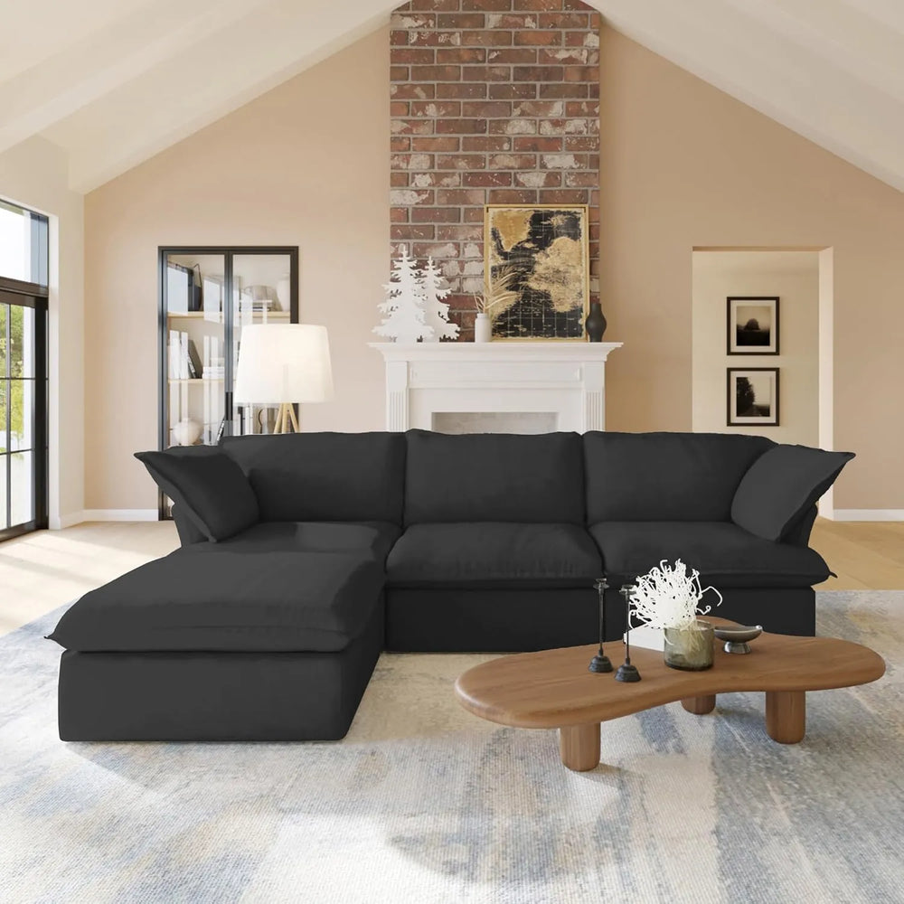 Deluxe Linen Cloud Sectional Sofas | 4-Piece Black Cotton and Linen L Shaped Sectionals 3-seaters