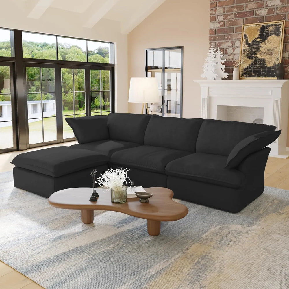 Deluxe Linen Cloud Sectional Sofas | 4-Piece Black Cotton and Linen L Shaped Sectionals 3-seaters