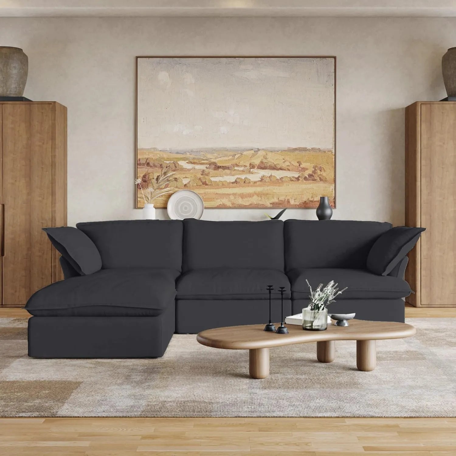 Deluxe Linen Cloud Sectional Sofas | 4-Piece Black Cotton and Linen L Shaped Sectionals 3-seaters