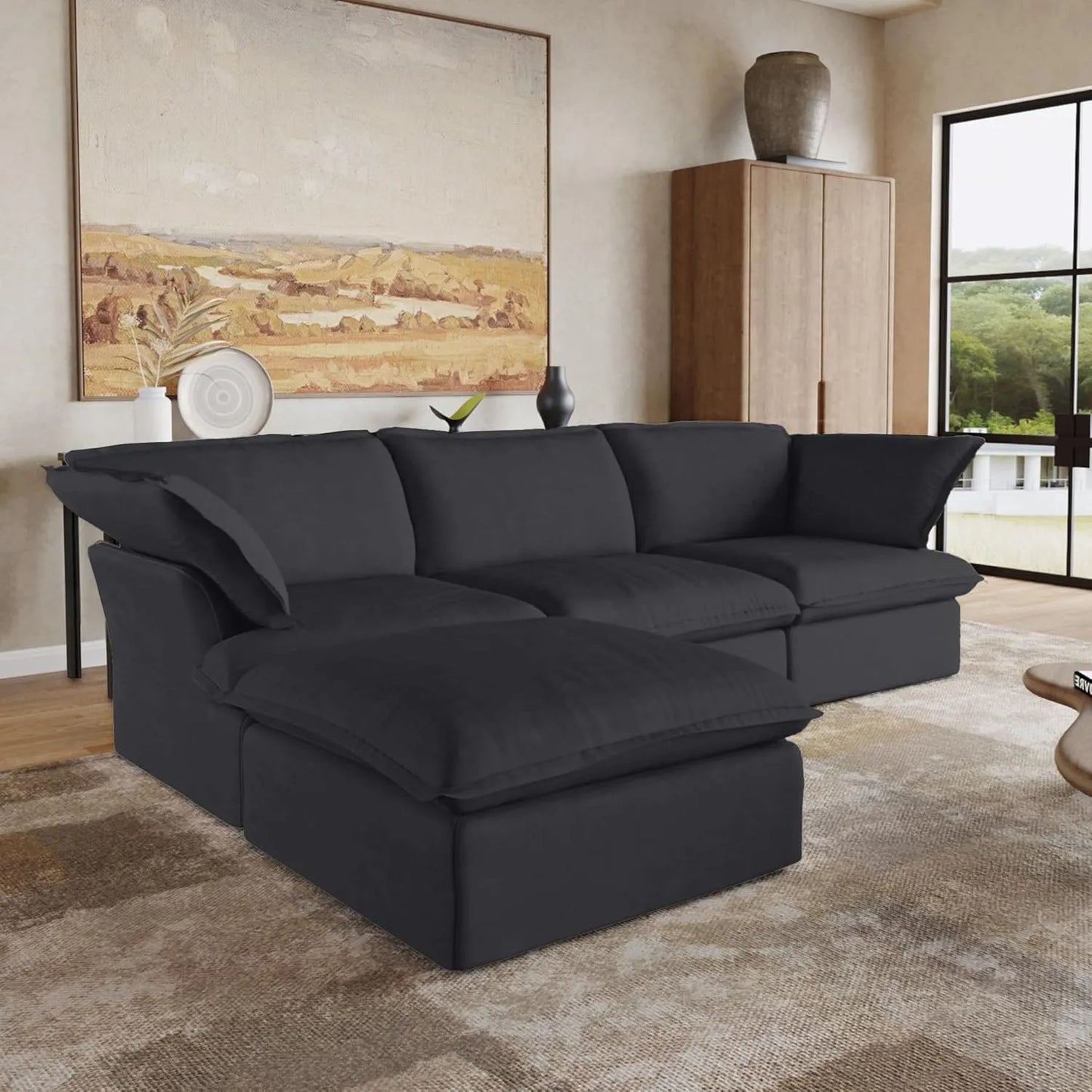 Deluxe Linen Cloud Sectional Sofas | 4-Piece Black Cotton and Linen L Shaped Sectionals 3-seaters