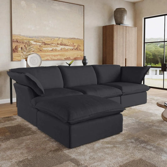 Deluxe Linen Cloud Sectional Sofas | 4-Piece Black Cotton and Linen L Shaped Sectionals 3-seaters
