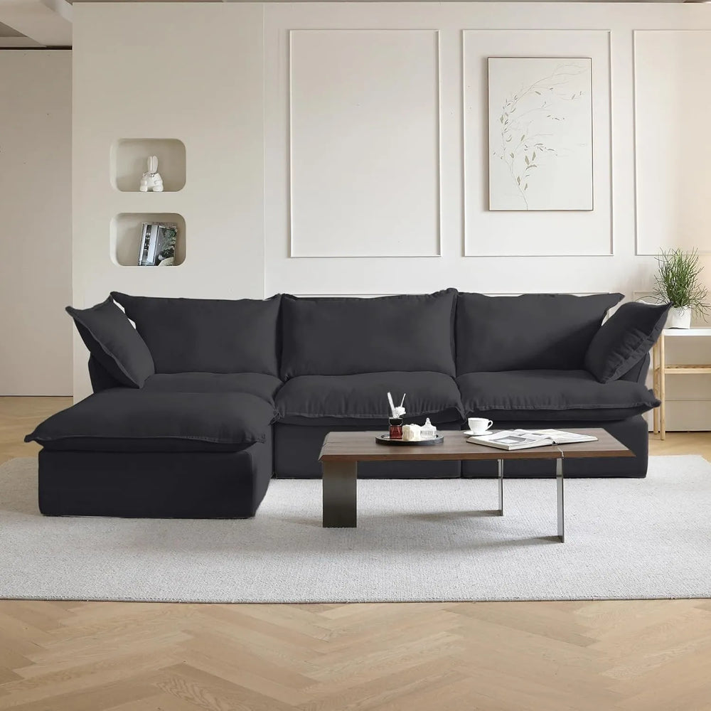 Deluxe Linen Cloud Sectional Sofas | 4-Piece Black Cotton and Linen L Shaped Sectionals 3-seaters