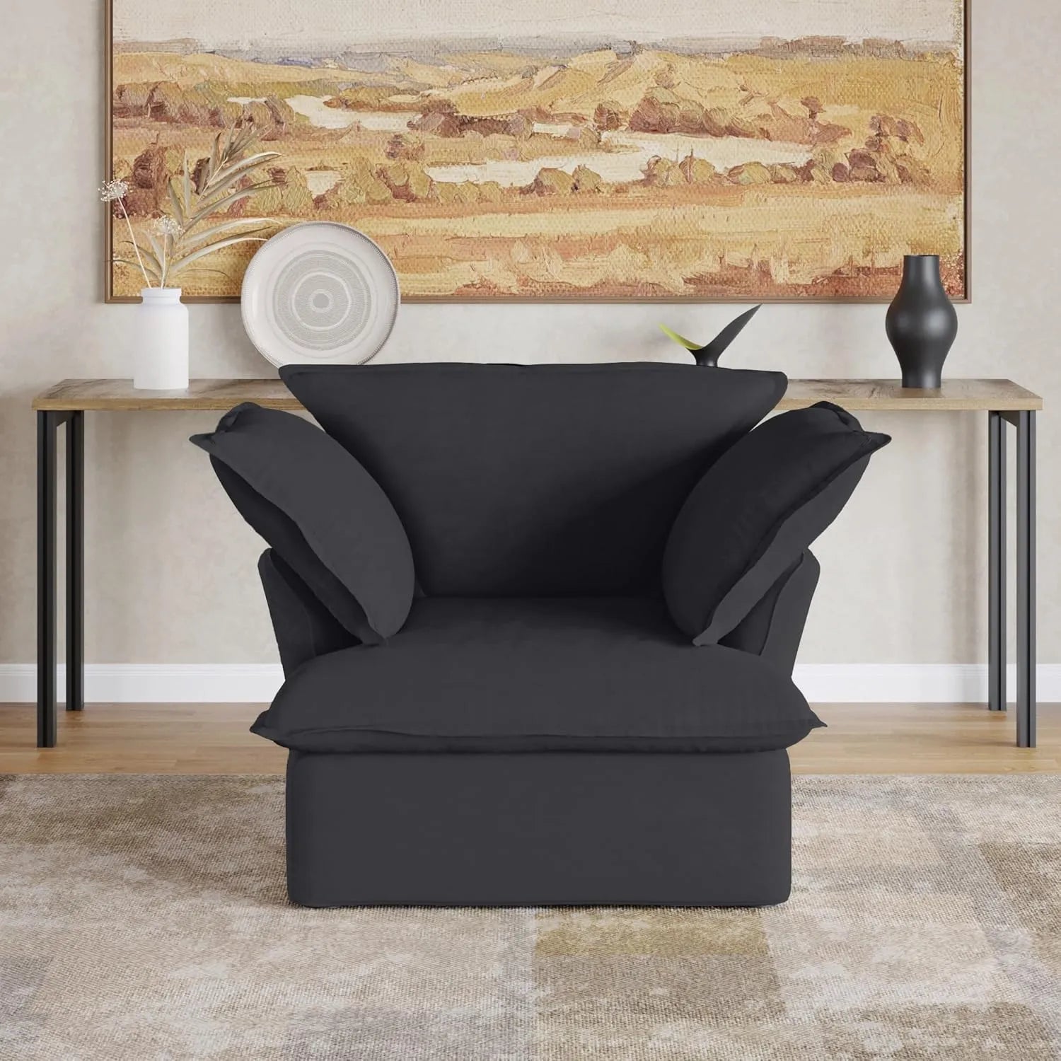 Deluxe Linen Cloud Sectional Sofas | 1-Piece Black Cotton and Linen Single Seat 1-seater