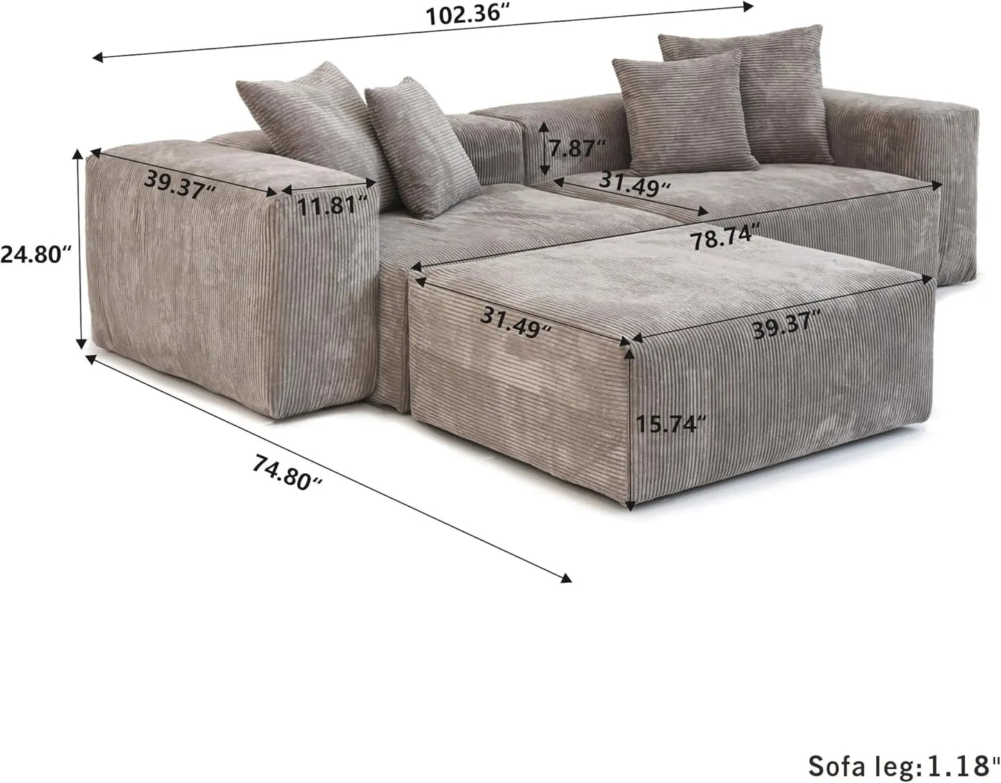 Matrix Modern Modular Sofas | Brown Corduroy Loveseats 2-seaters with 1 Ottoman