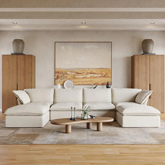 Deluxe Linen Cloud Sectional Sofas | 6-Piece Beige Cotton and Linen U Shaped Sectionals 4-seaters