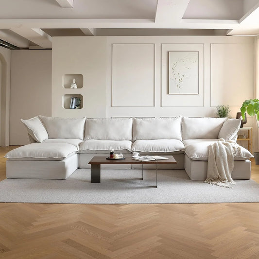 Deluxe Linen Cloud Sectional Sofas | 6-Piece Beige Cotton and Linen U Shaped Sectionals 4-seaters