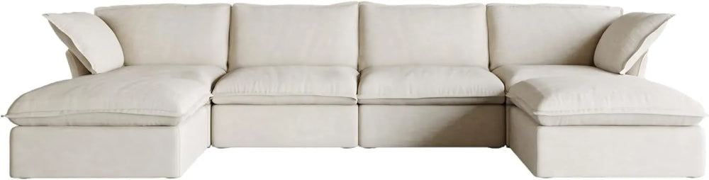 Deluxe Linen Cloud Sectional Sofas | 6-Piece Beige Cotton and Linen U Shaped Sectionals 4-seaters